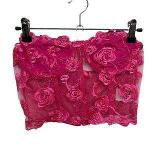 Embroidered Rose Mesh Corset Bustier Top S Hot Pink Sheer Underwire Y2K Coquette